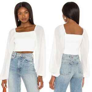 Camila Coelho Revolve White Long Sleeve Smocked Cropped Poesia Top